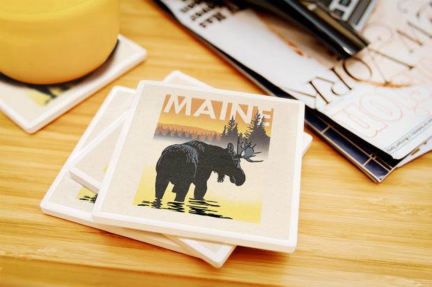 Lantern Press - Maine - Moose at Dawn Woodblock  Ceramic Coasters